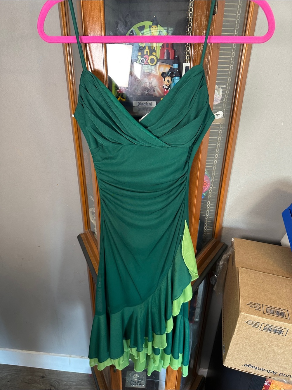 City Triangles Emerald Green Asymmetrical Ruffle Dress with Lime Accents